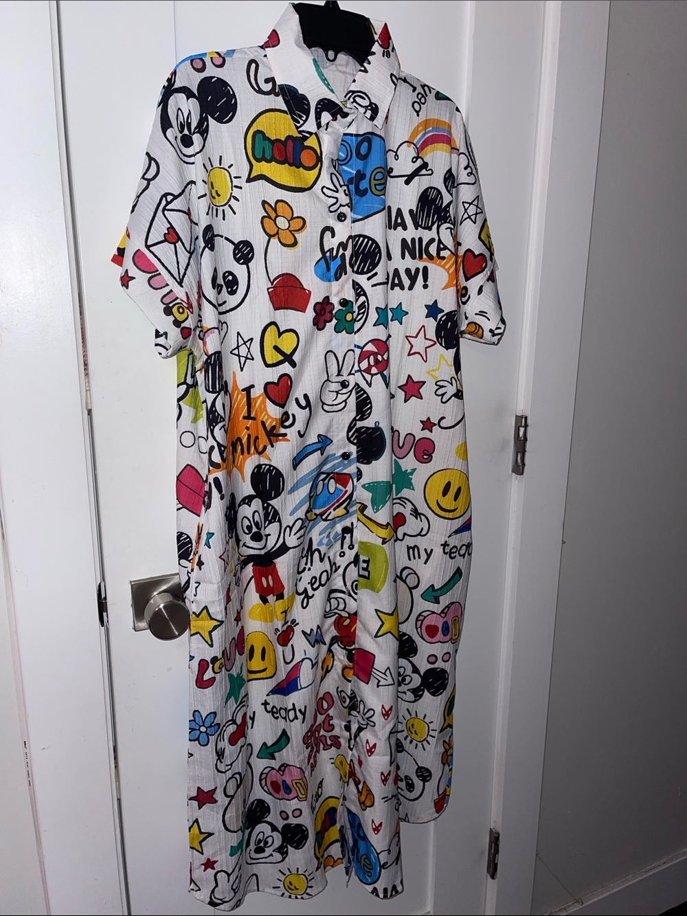 Mickey Mouse print short sleeve, button down shirt dress